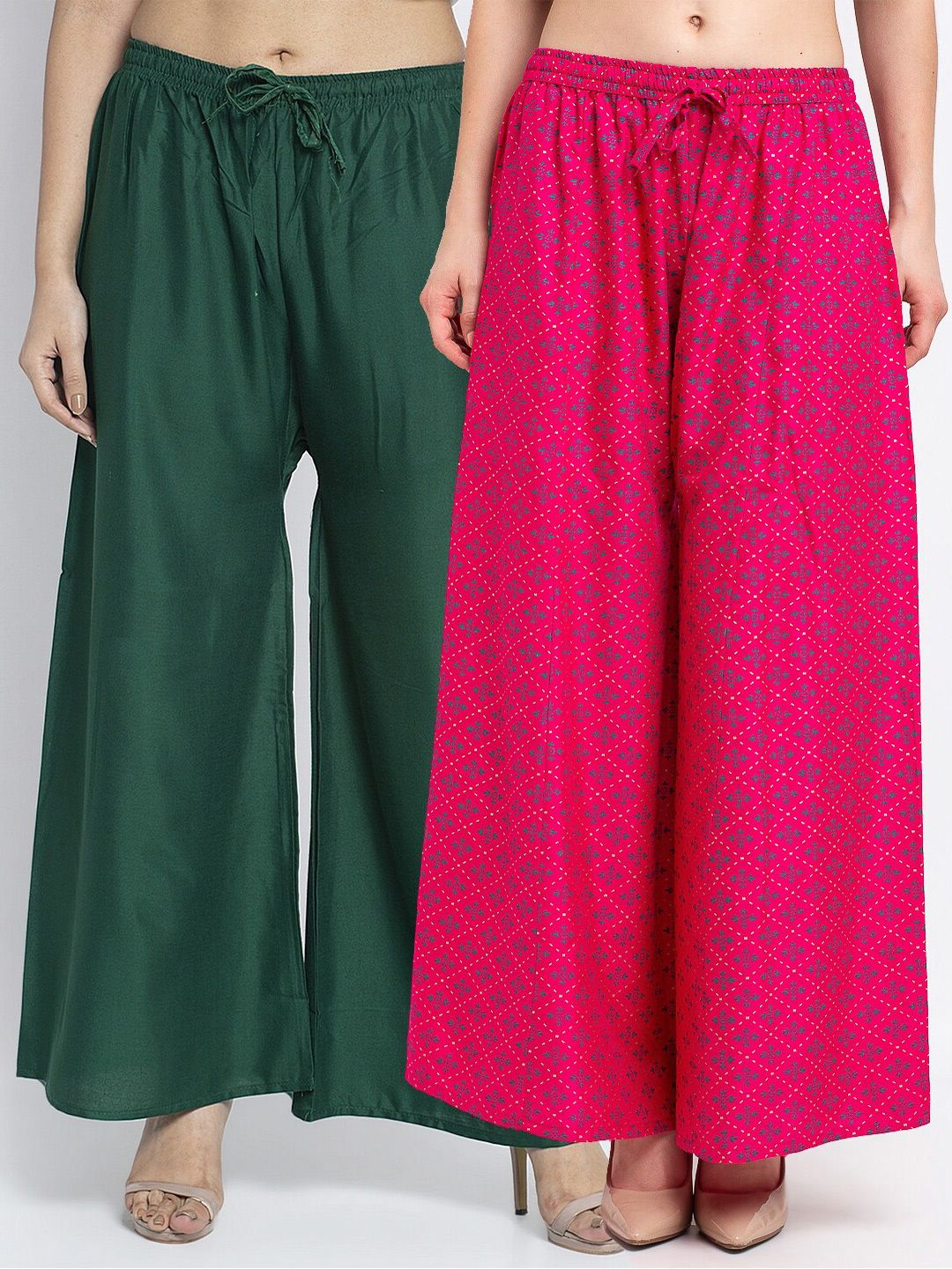 Jinfo Women Green & Fuchsia Pink 2 Flared Knitted Ethnic Palazzos Price in India