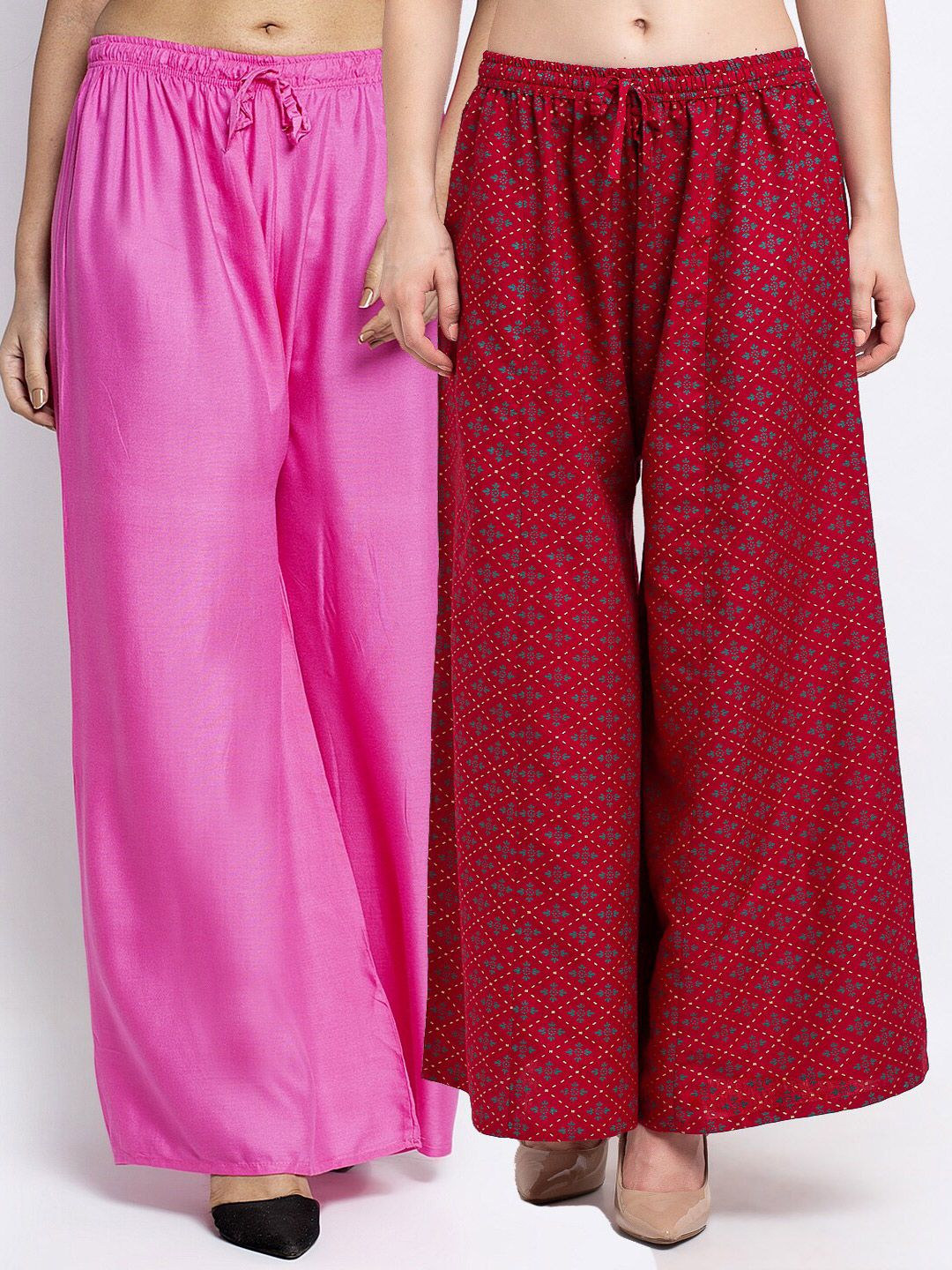 Jinfo Women Set of 2 Pink & Maroon Printed Flared Knitted Ethnic Palazzos Price in India