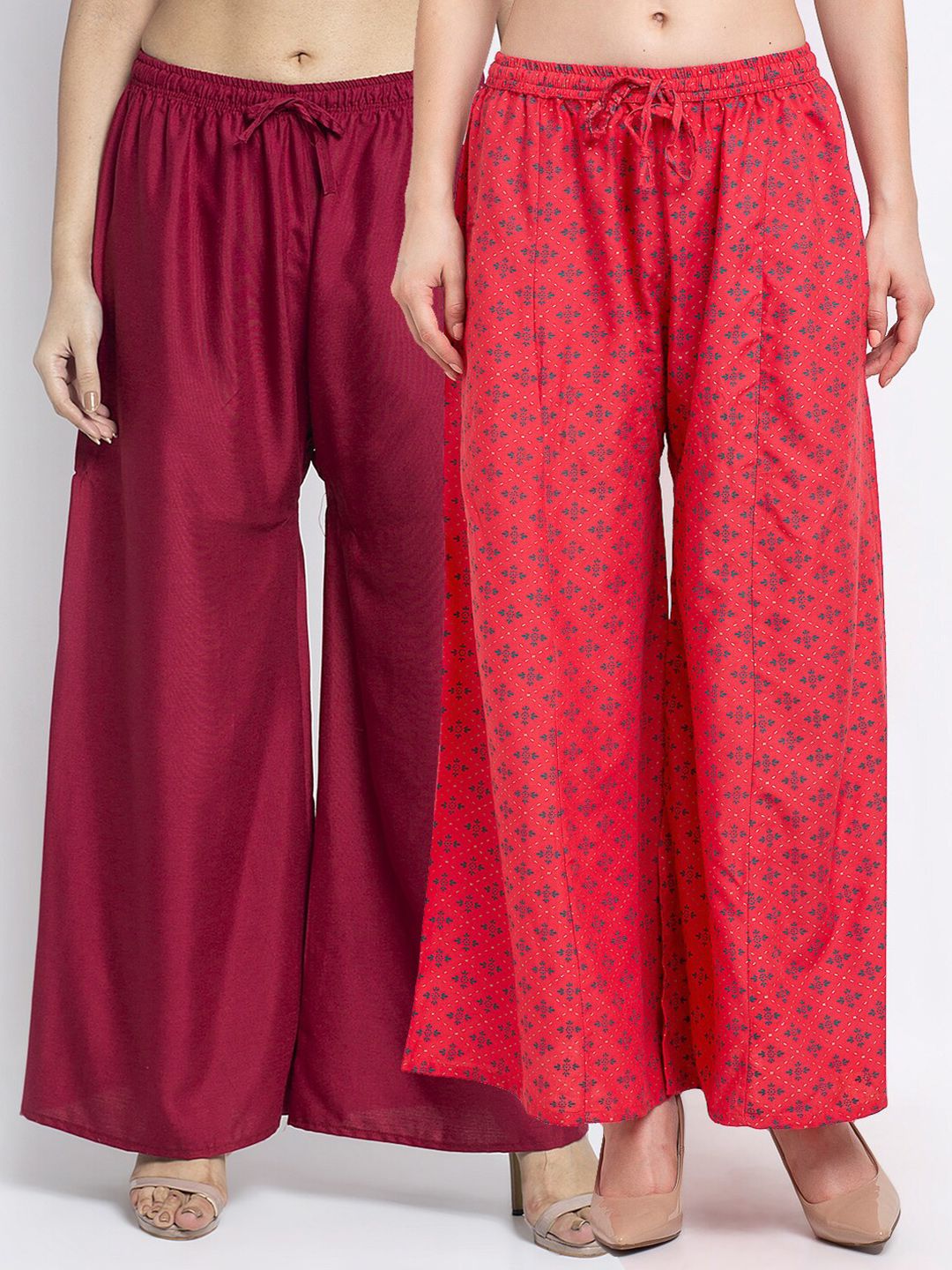 Jinfo Women Set of 2 Ethnic Motifs Printed Knitted Wide Leg Palazzos Price in India