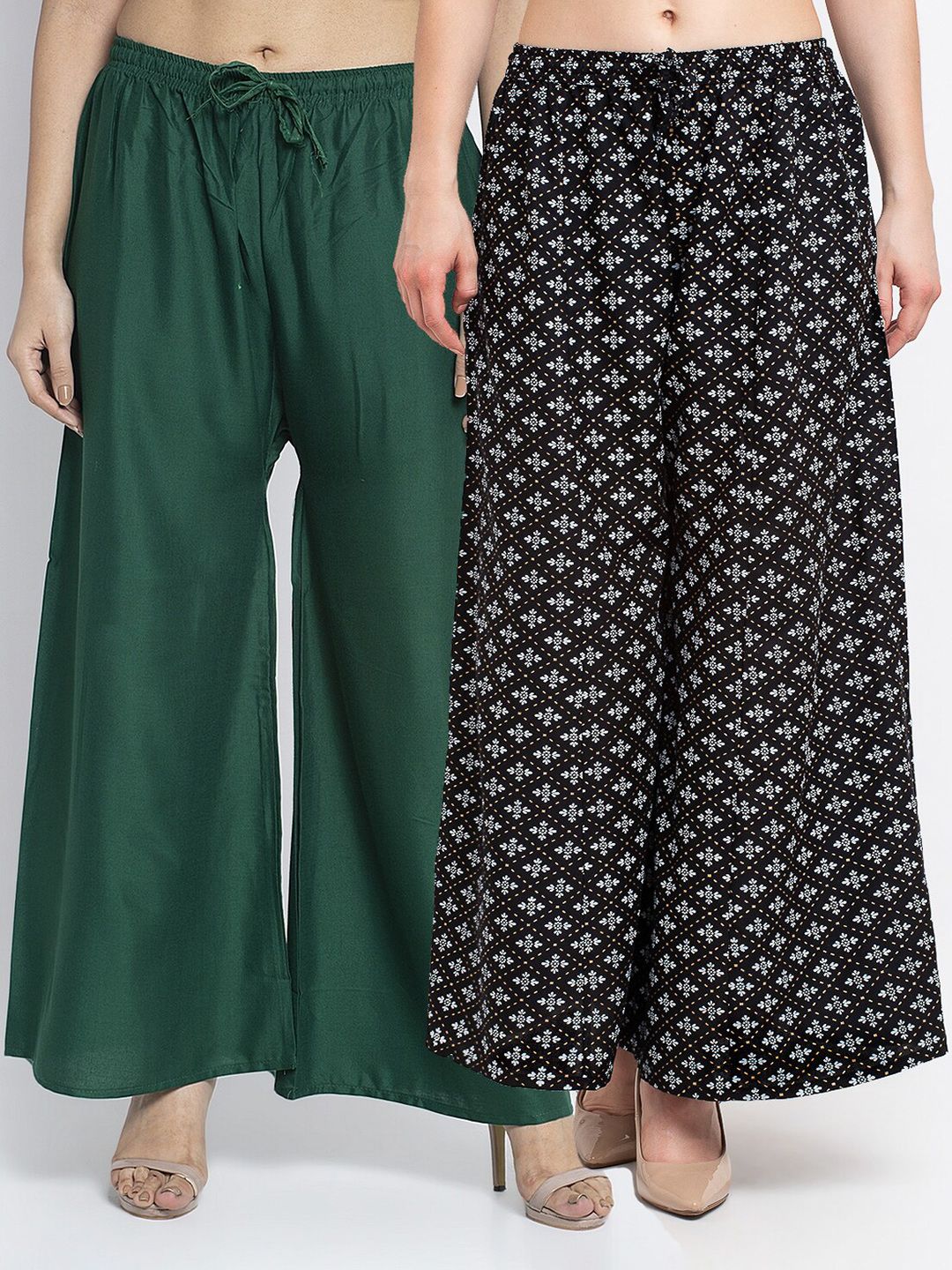 Jinfo Women Set of 2 Green & Black Printed Flared Knitted Ethnic Palazzos Price in India