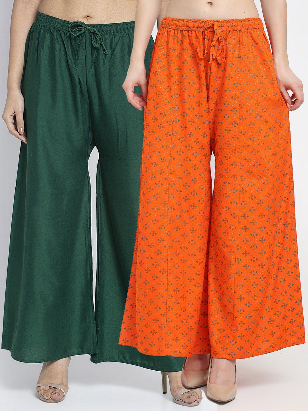 Jinfo Women Set of 2 Green & Orange Floral Printed Flared Knitted Ethnic Palazzos Price in India