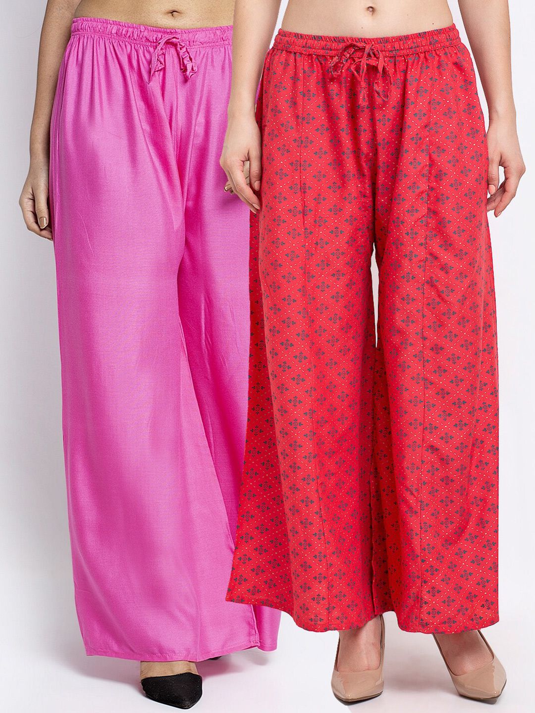 Jinfo Women Pink & Peach-Coloured 2 Flared Knitted Ethnic Palazzos Price in India