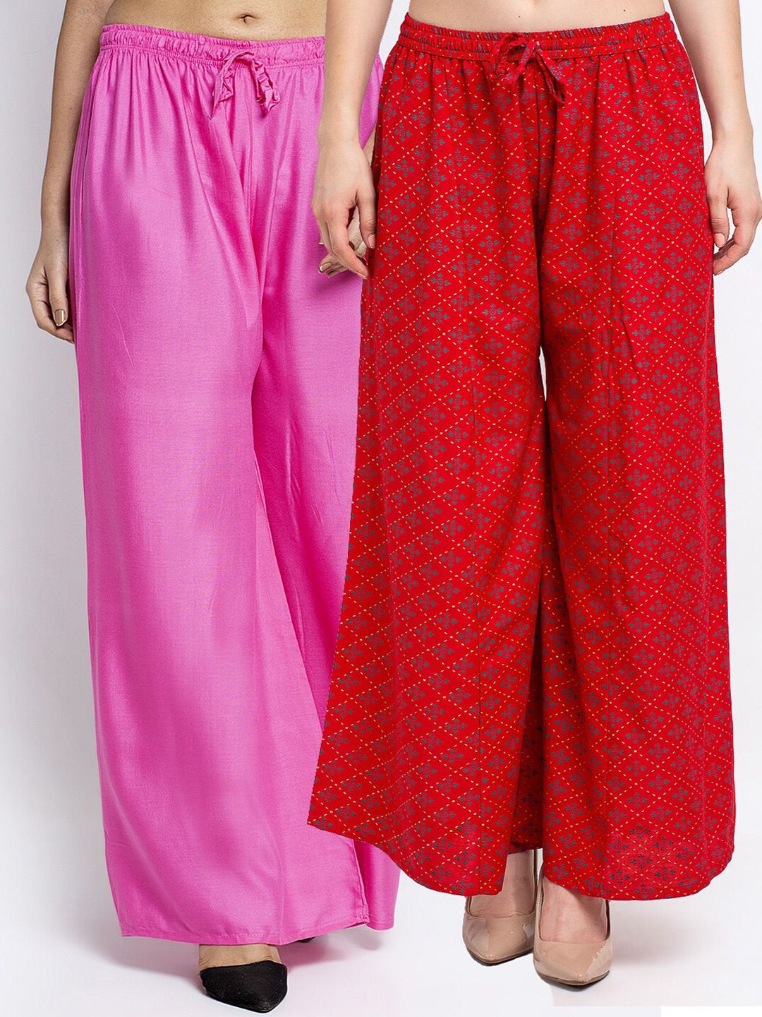 Jinfo Women Pink & Red 2 Flared Knitted Ethnic Palazzos Price in India