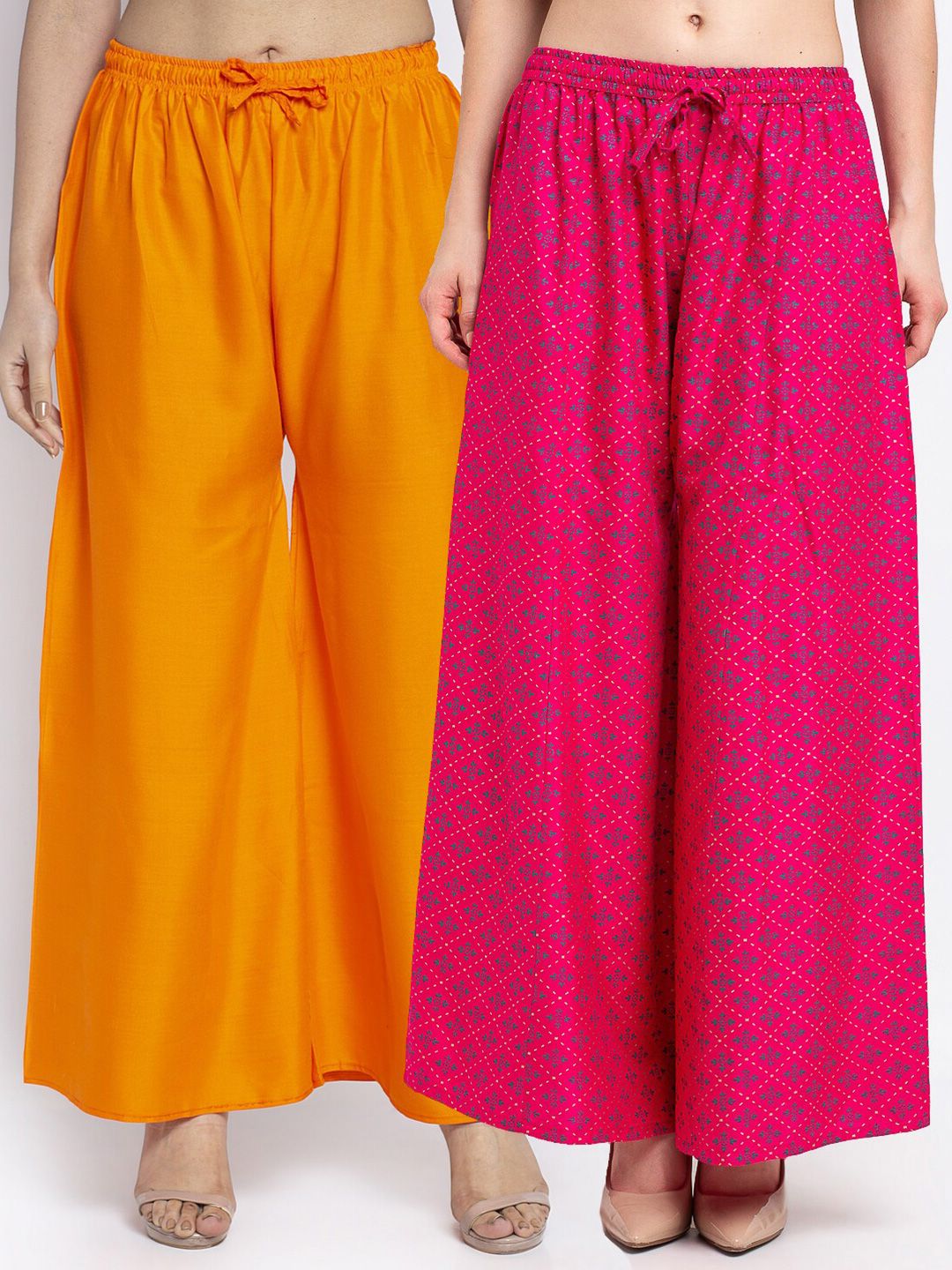 Jinfo Women Orange & Fuchsia Pink Pack of 2 Printed Flared Knitted Ethnic Palazzos Price in India