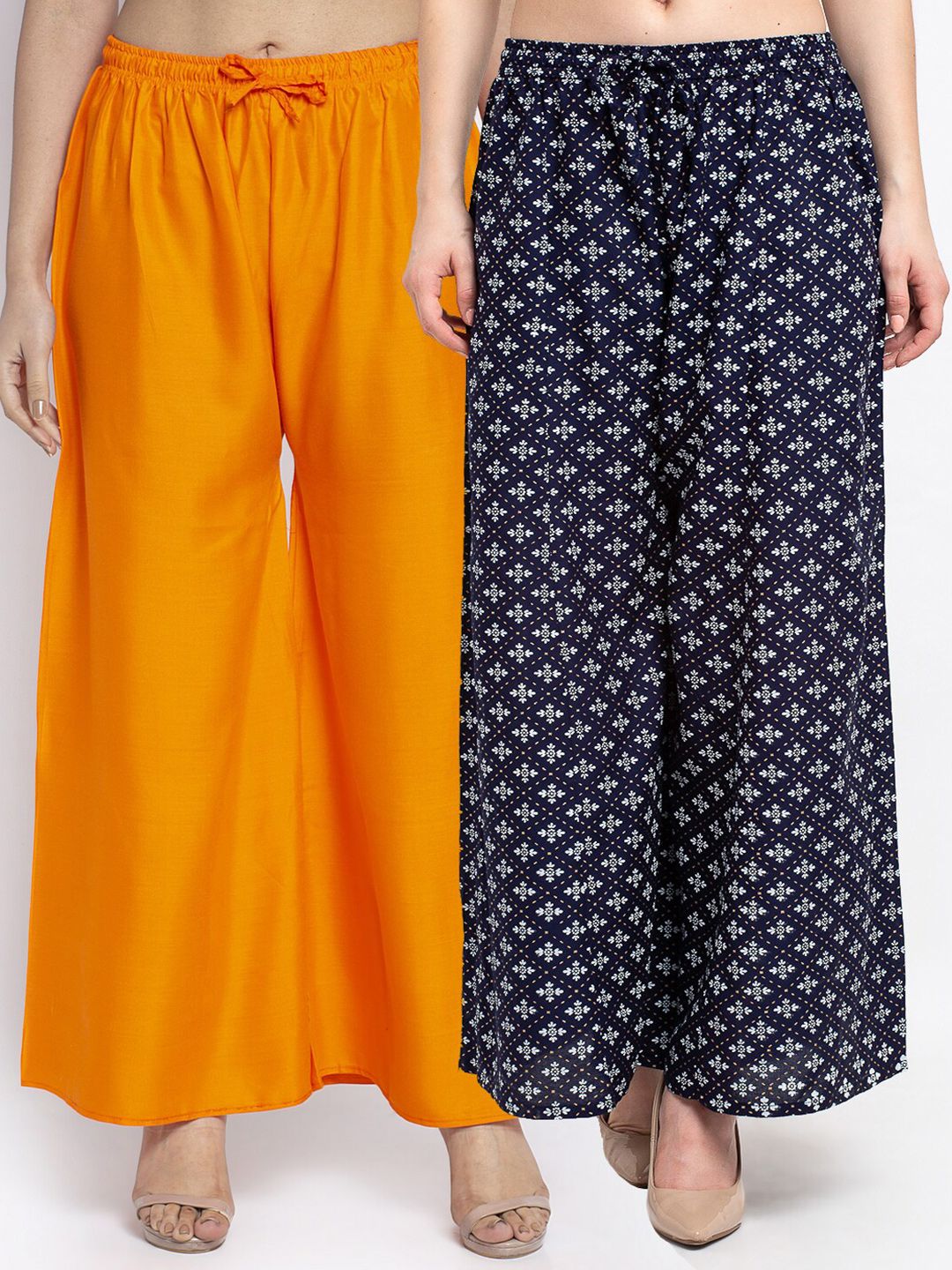 Jinfo Women Orange & Navy Blue Pack of 2 Printed Flared Knitted Ethnic Palazzos Price in India