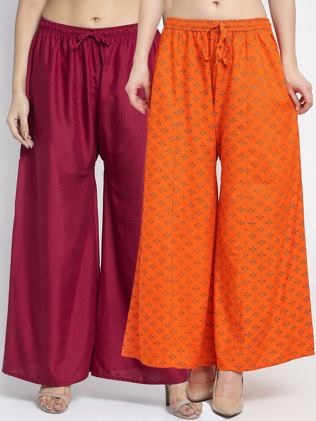 Jinfo Women Set of 2 Maroon & Orange Printed Flared Knitted Ethnic Palazzos Price in India