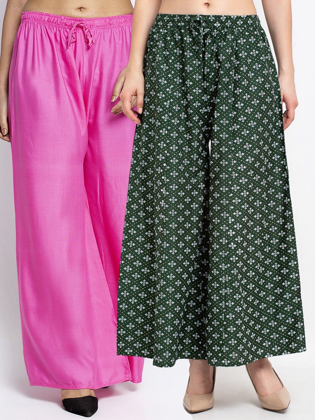 Jinfo Women Magenta & Green Pack of 2 Printed Flared Knitted Ethnic Palazzos Price in India