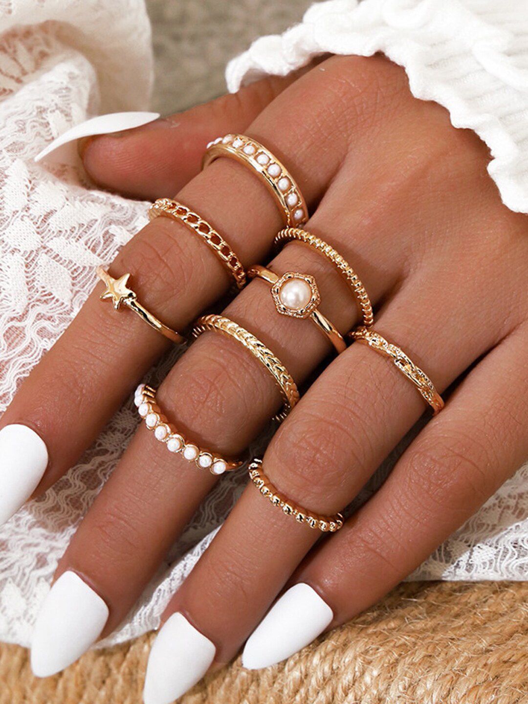 Shining Diva Fashion Set Of 9 Gold-Plated Pearl Studded Finger Rings Price in India