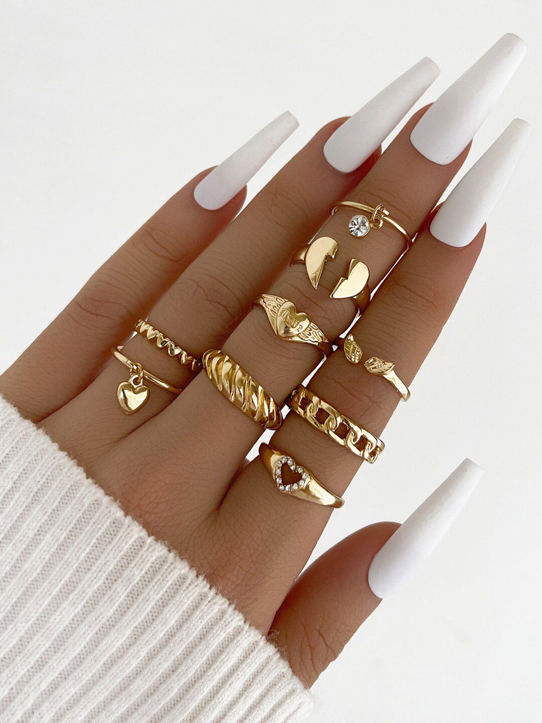 Shining Diva Fashion Set Of 9 Gold-Plated Crystal Studded Boho Adjustable Finger Rings Price in India