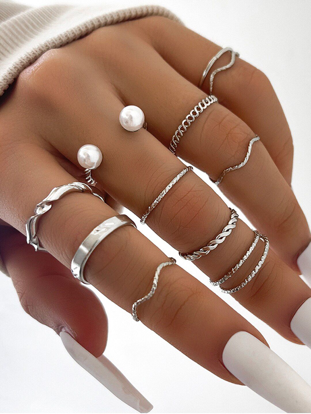 Shining Diva Fashion Set of 10 Silver-Plated Pearls-Studded Finger Rings Price in India