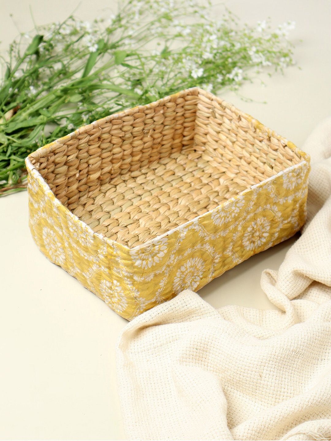 HABERE INDIA Yellow Handcrafted Bamboo Multi-Utility Storage Basket Price in India