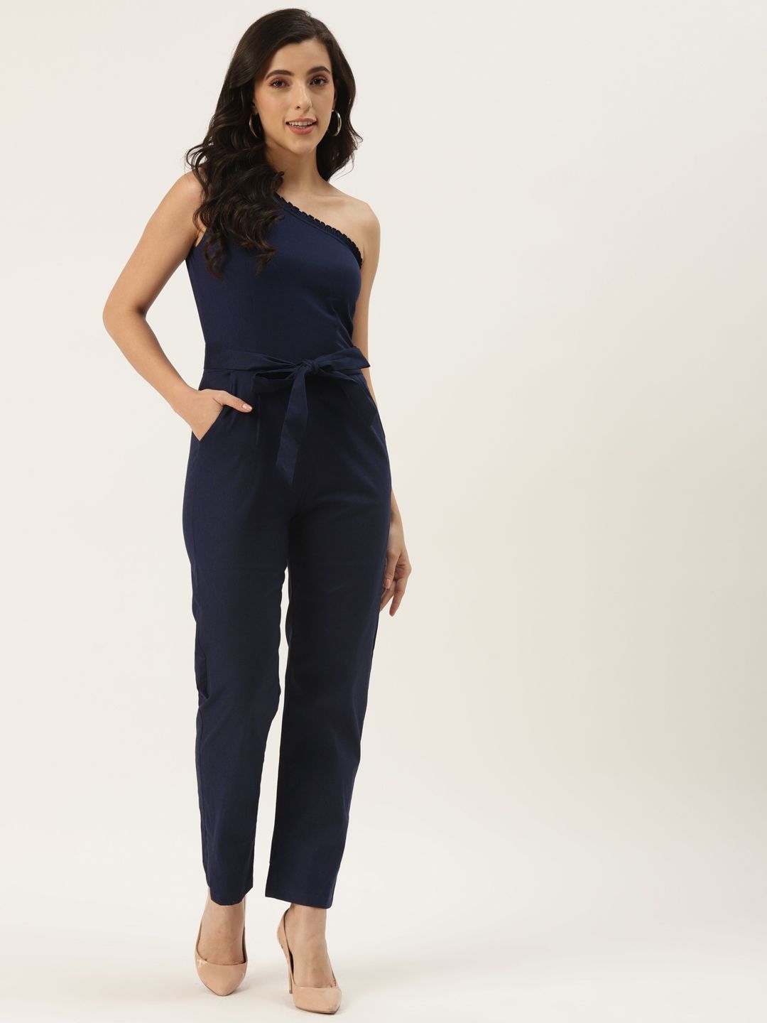 BRINNS Navy Blue One-Shoulder Basic Jumpsuit Price in India