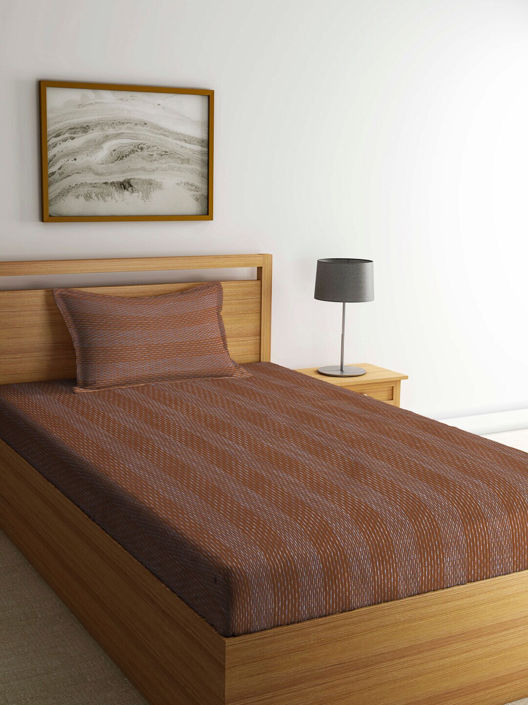 Arrabi Brown Striped 300 TC Single Bedsheet with 1 Pillow Covers Price in India