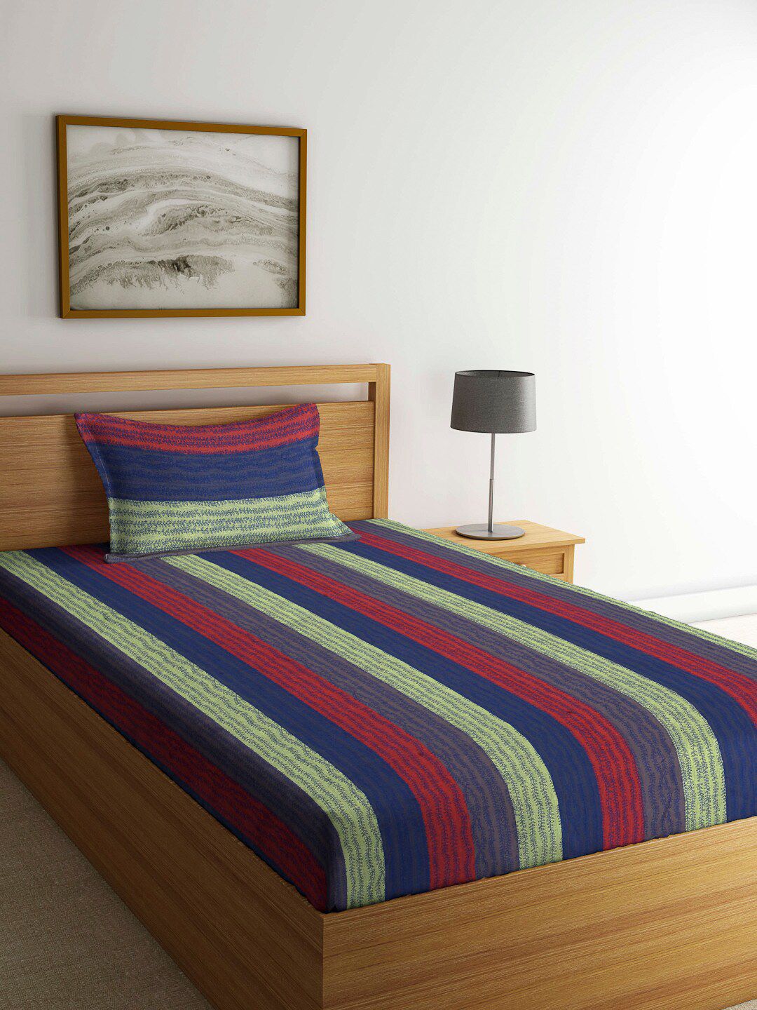 Arrabi Green & Navy Blue Striped 300 TC Single Bedsheet With 1 Pillow Cover Price in India