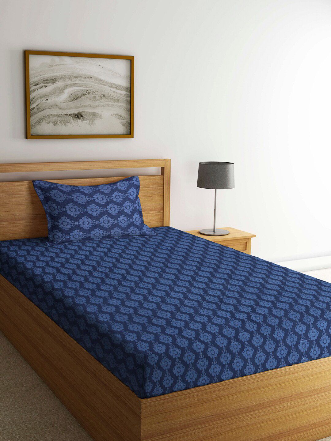 Arrabi Navy Blue Ethnic Motifs 300 TC Single Bedsheet with 1 Pillow Covers Price in India