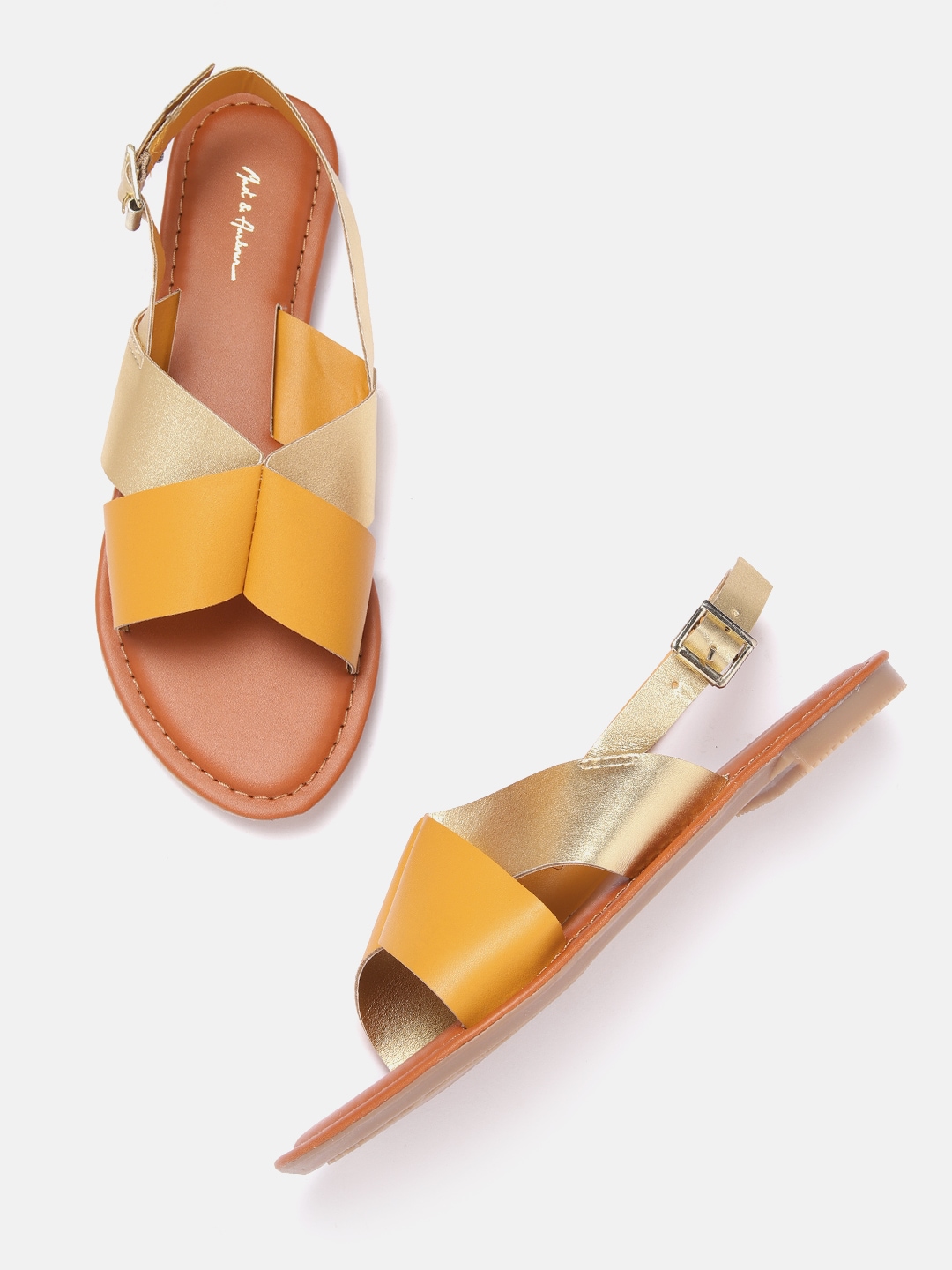 Mast & Harbour Women Mustard Yellow & Gold-Toned Colourblocked Open Toe Flats Price in India