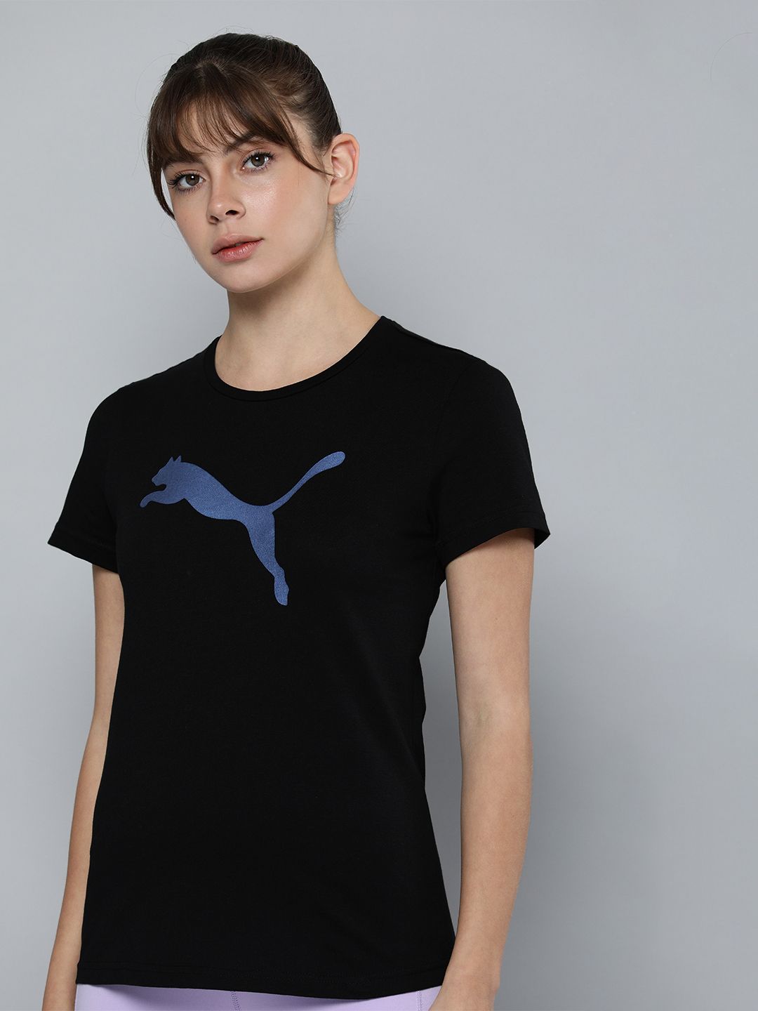 Puma Women Black Brand Logo Printed Round-Neck Pure Cotton T-shirt Price in India