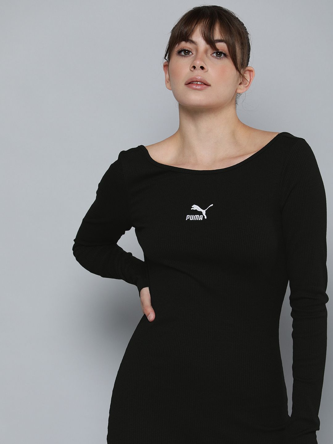 Puma Women Black Self Designed Bodycon Classic Ribbed Dress Price in India