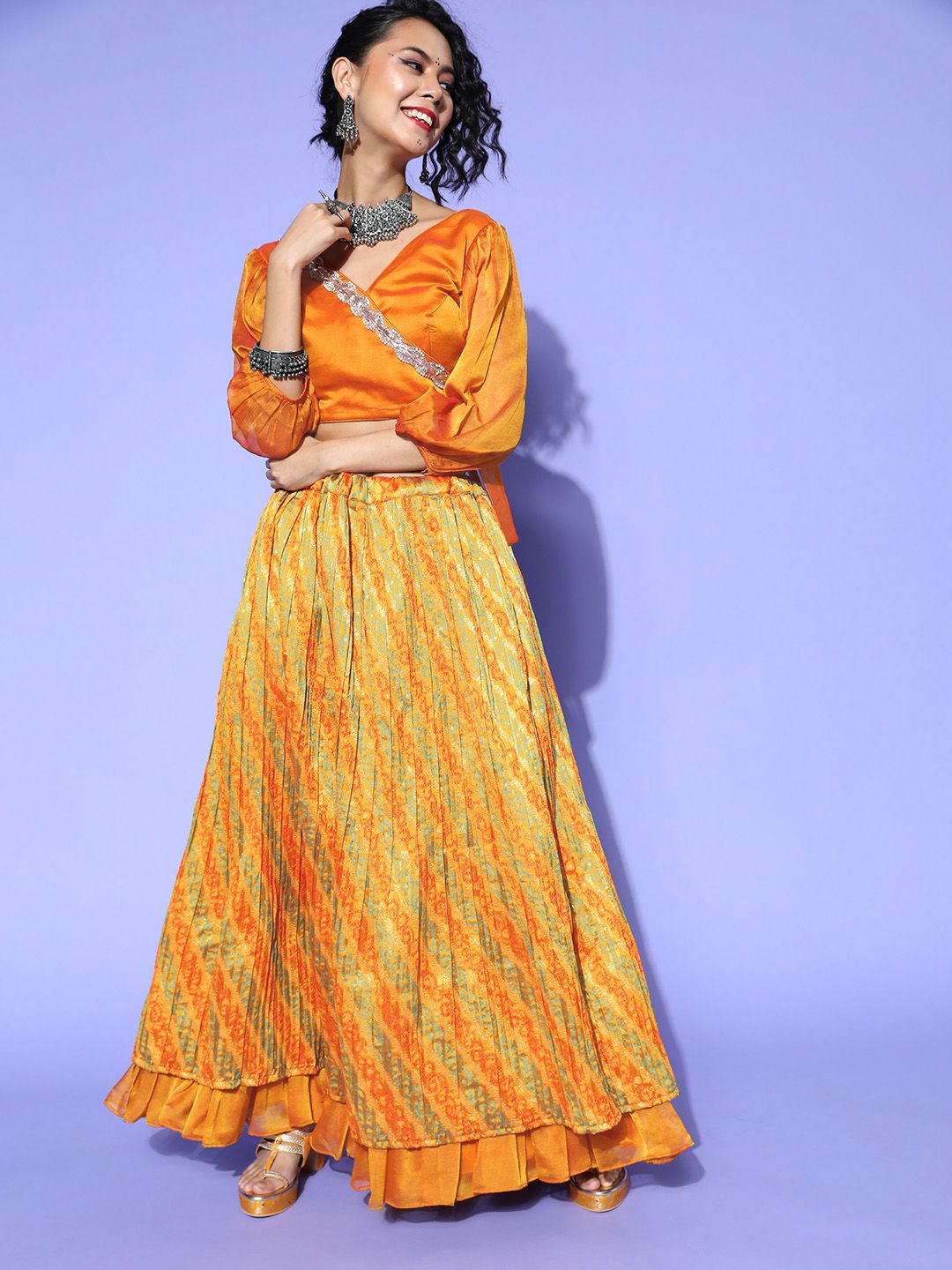 RAJGRANTH Mustard & Orange Bandhani Print Semi-Stitched Lehenga & Solid Unstitched Blouse Price in India