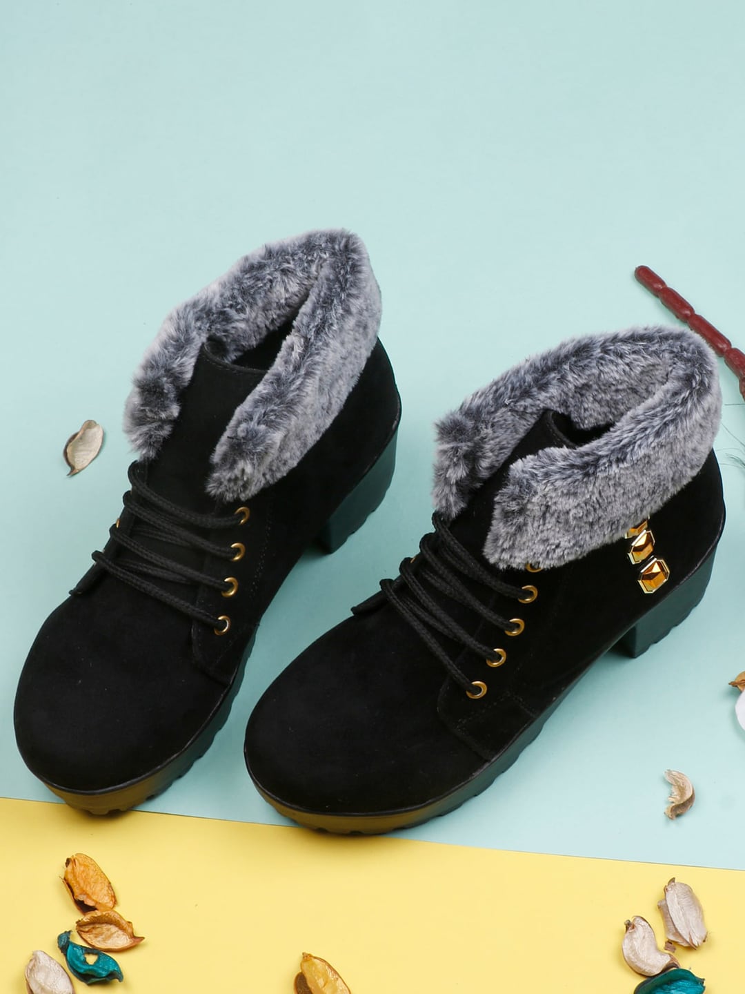 Denill Women Black Solid Fur Heeled Boots Price in India