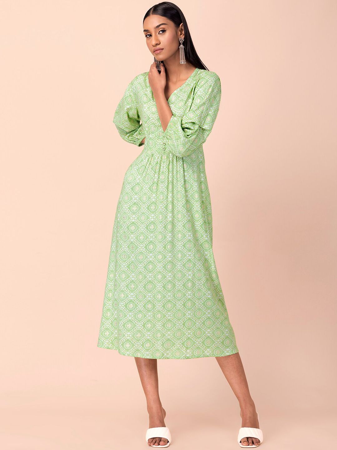 INDYA Green Floral Pleated A-Line Dress Price in India
