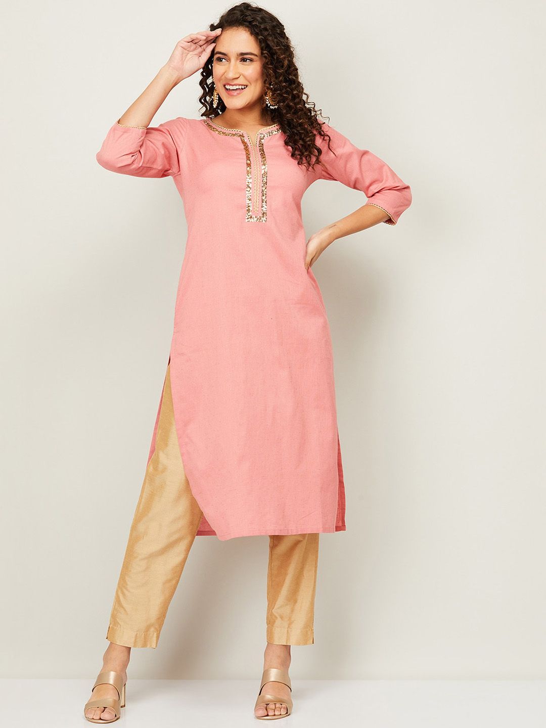 Melange by Lifestyle Women Peach-Coloured Embroidered Kurta Price in India