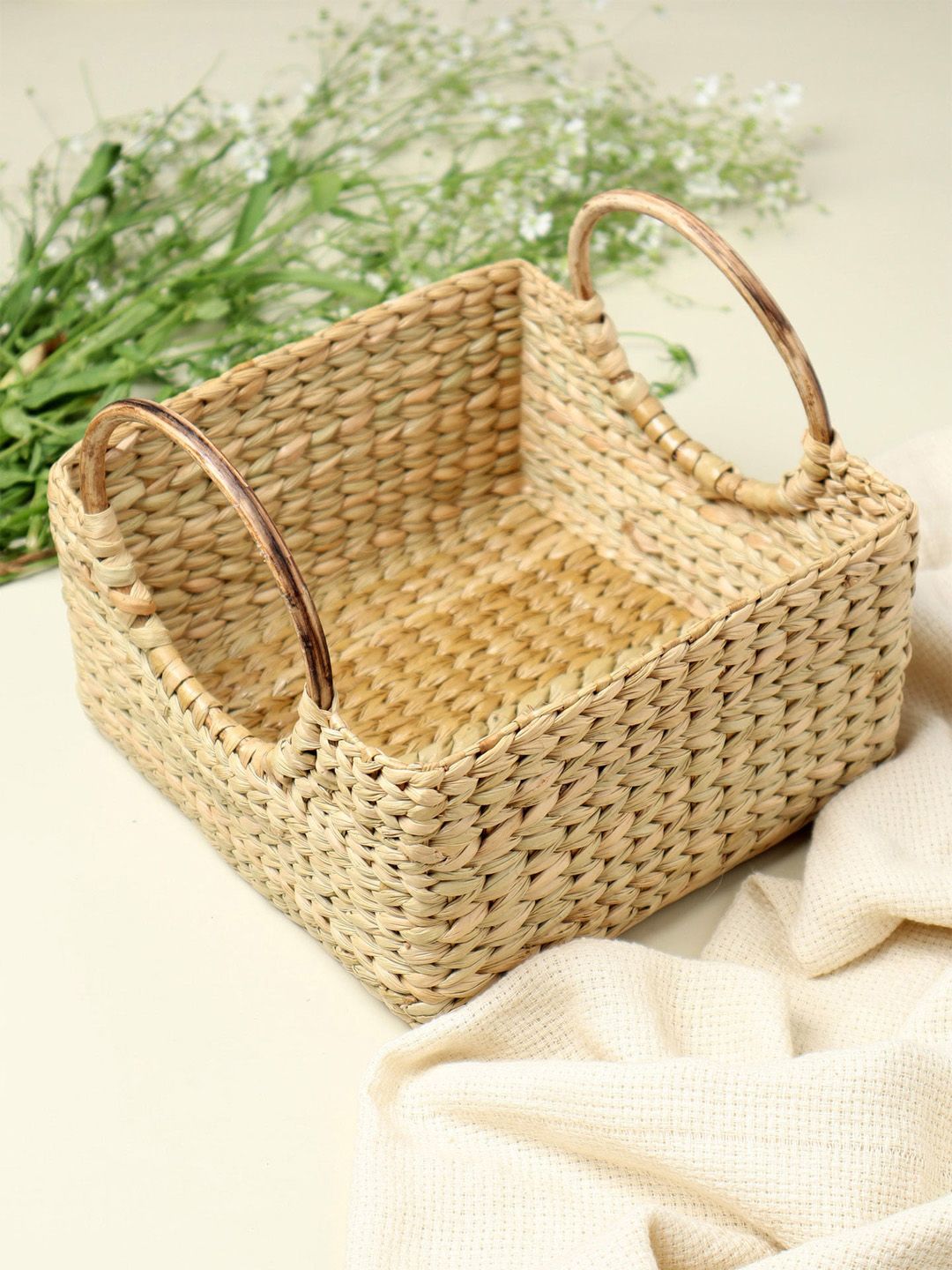 HABERE INDIA Beige Handcrafted Grass Storage Basket Price in India