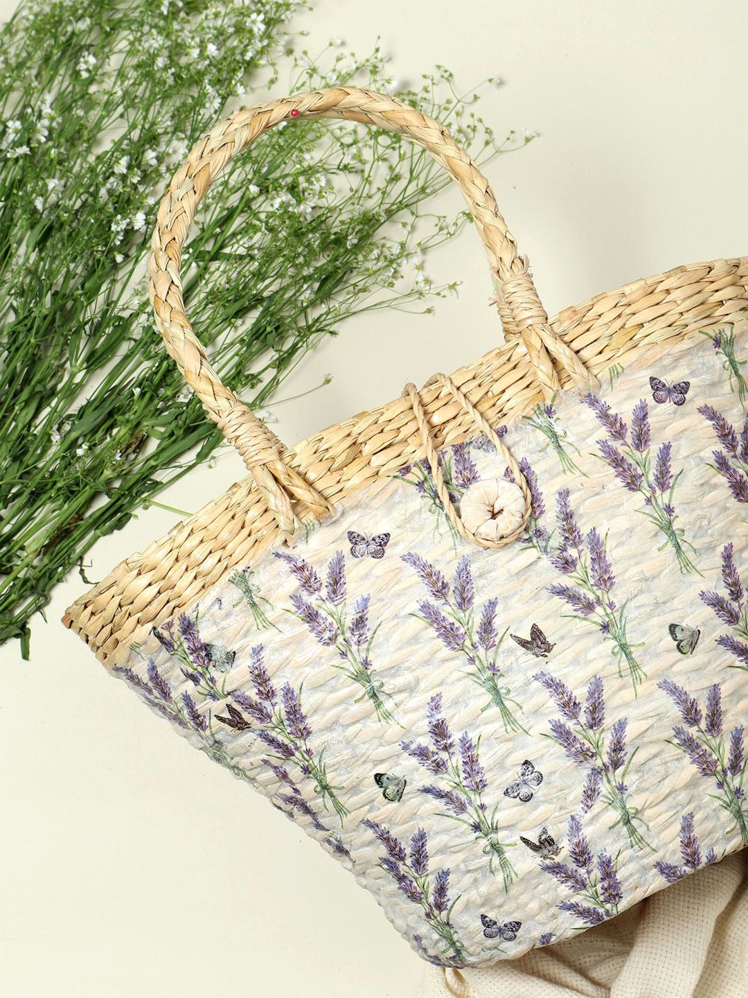 HABERE INDIA Beige & Purple Grass Storage Basket Price in India