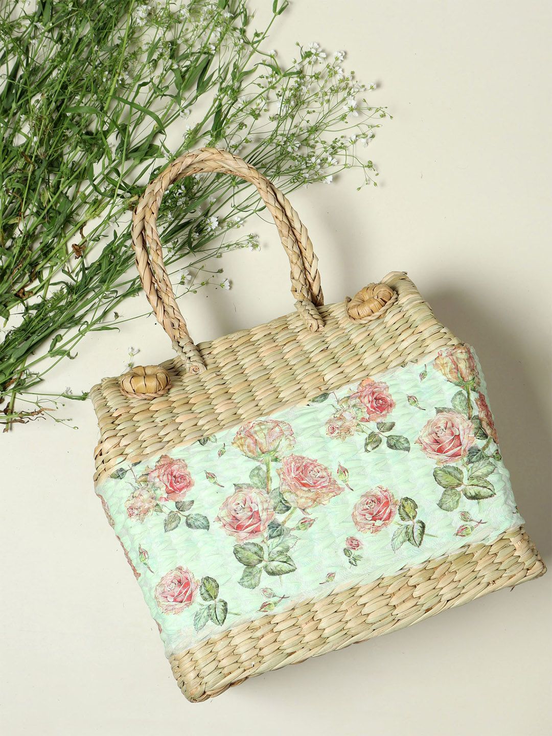 HABERE INDIA Beige & Mint Green Floral Storage Basket Price in India