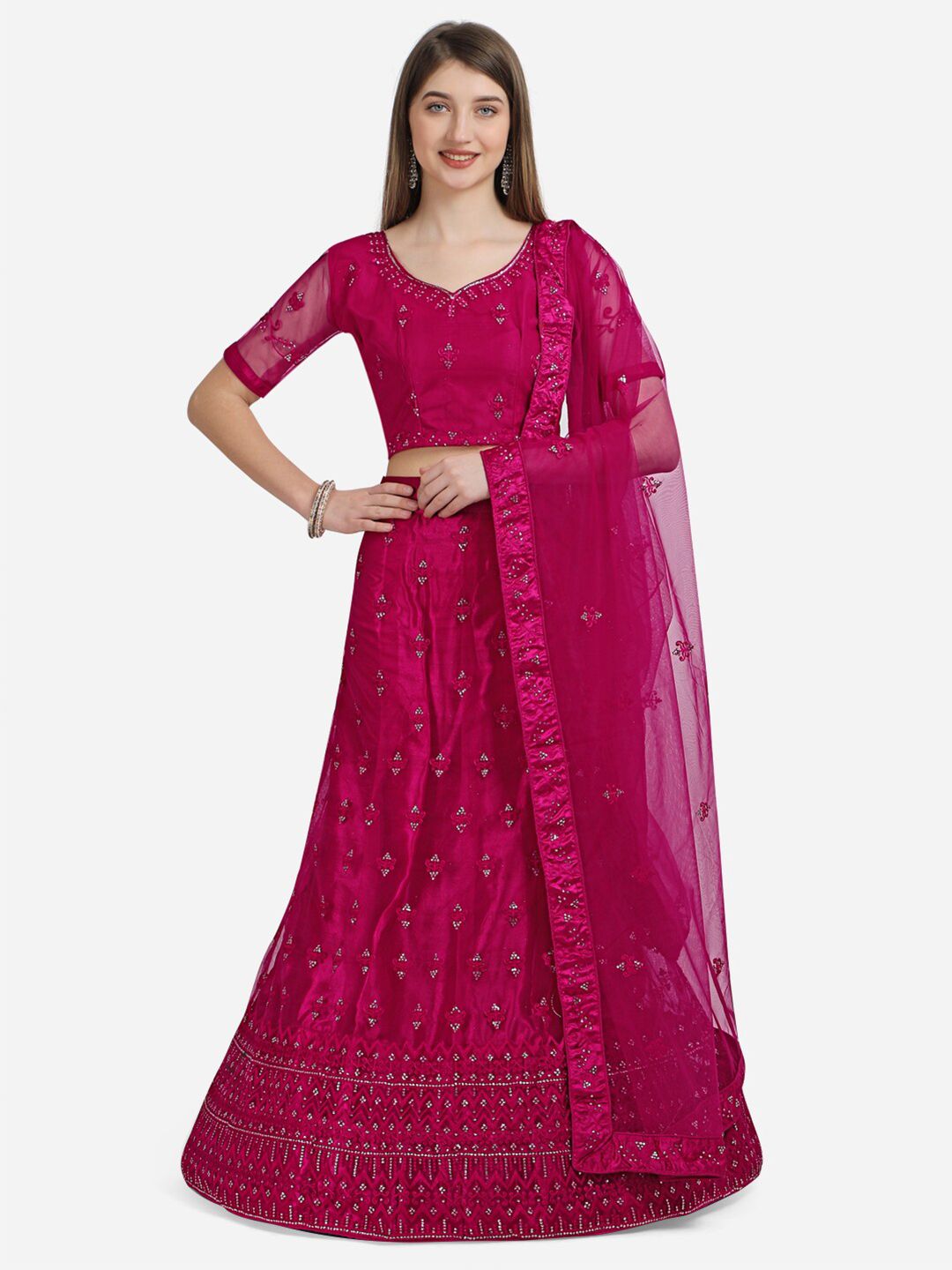 VRSALES Women Magenta Semi Stitched Embroidered Net Lehenga Choli Price in India