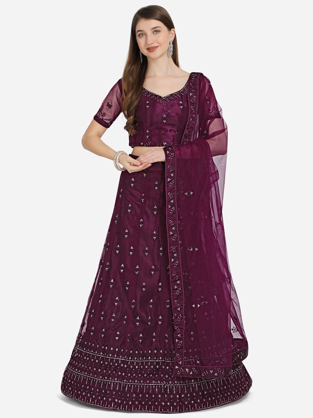 VRSALES Purple Embroidered Sequinned Semi-Stitched Lehenga & Unstitched Blouse With Dupatta Price in India