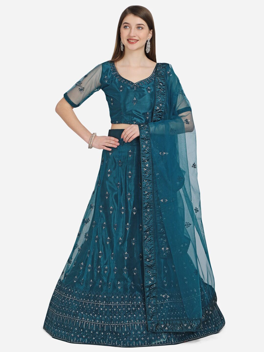 VRSALES Teal Embroidered Semi-Stitched Lehenga With Choli & Dupatta Price in India