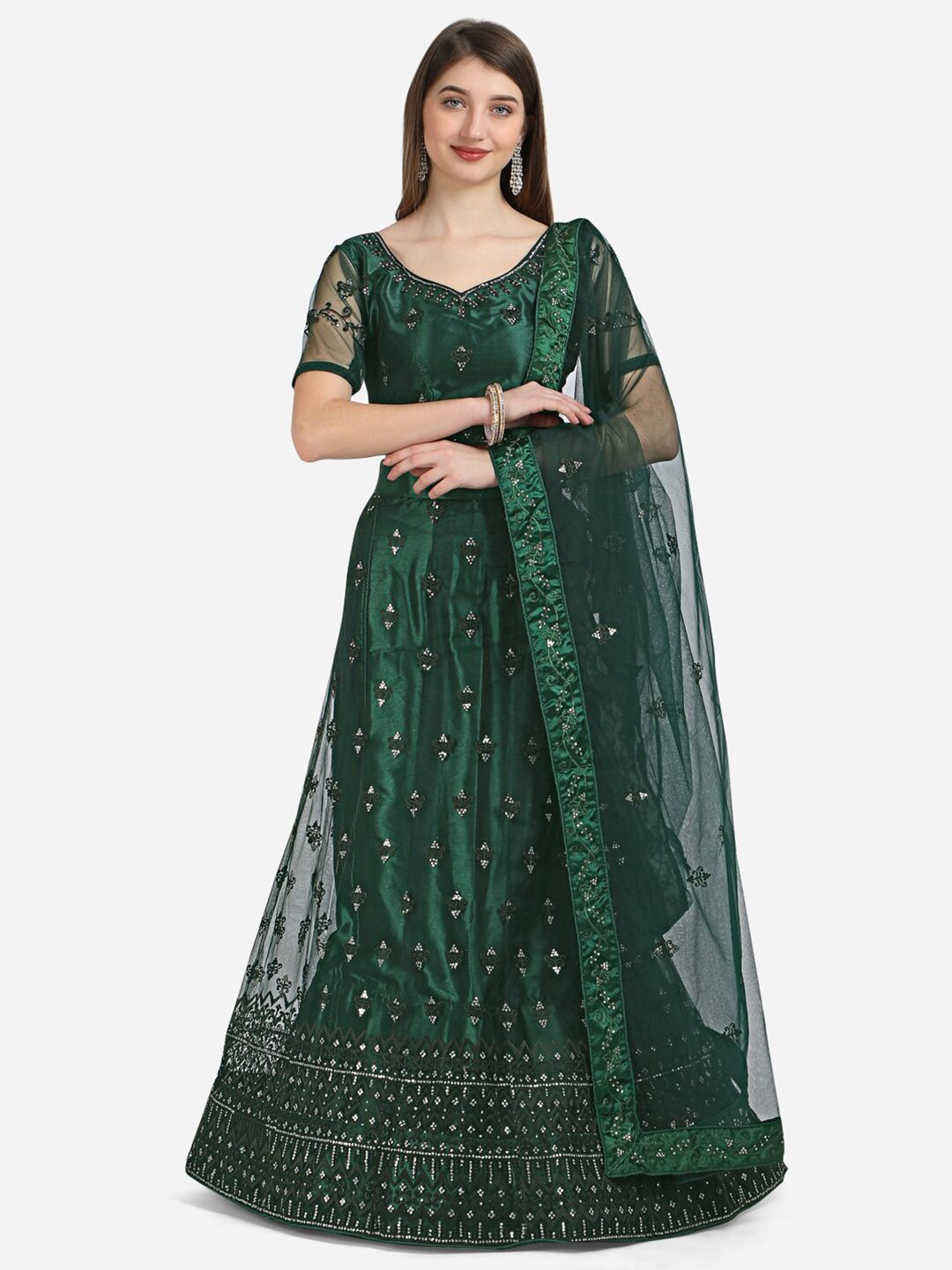 VRSALES Green Embellished Sequinned Semi-Stitched Lehenga & Unstitched Blouse With Dupatta Price in India