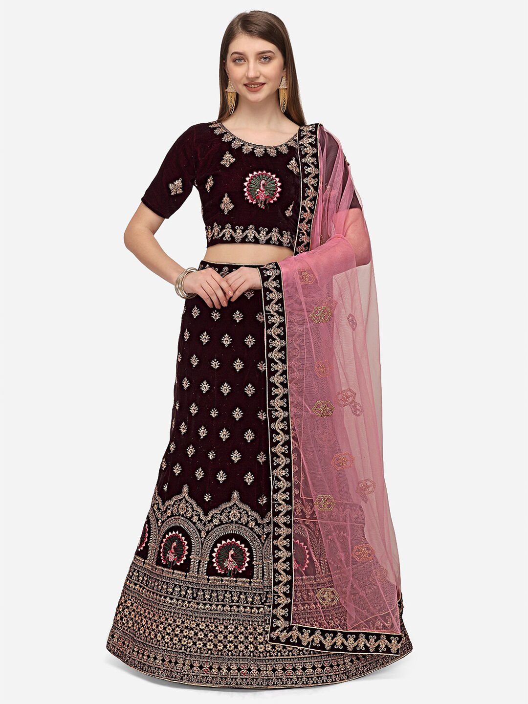 VRSALES Maroon & Pink Embroidered Semi-Stitched Lehenga & Unstitched Blouse With Dupatta Price in India