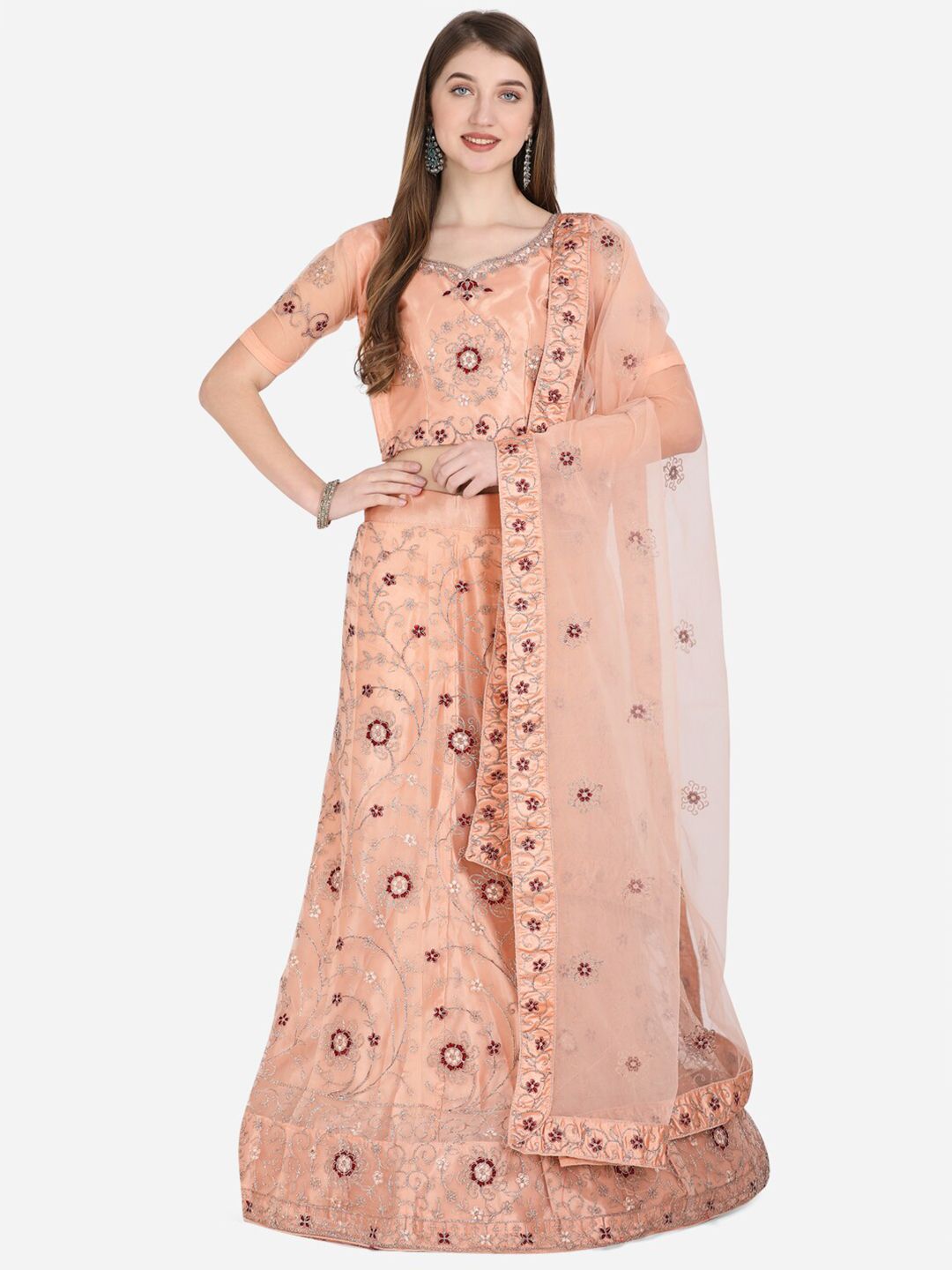 VRSALES Peach-Coloured Embroidered Semi-Stitched Lehenga & Unstitched Blouse With Dupatta Price in India