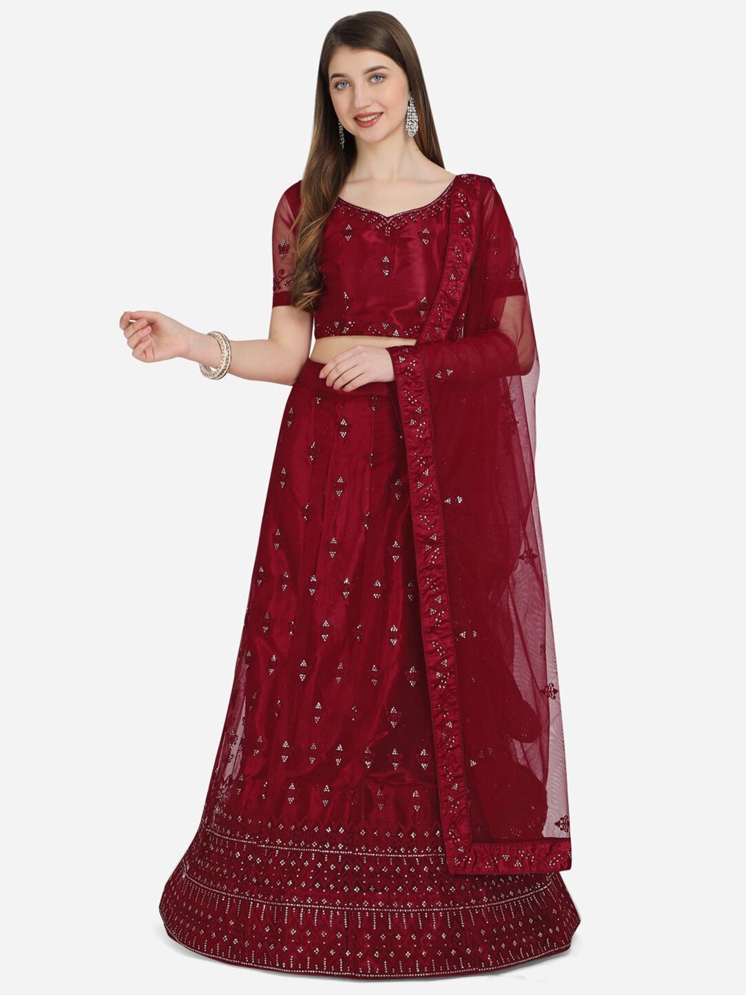 VRSALES Maroon Embroidered Sequinned Semi-Stitched Lehenga & Unstitched Blouse With Dupatta Price in India