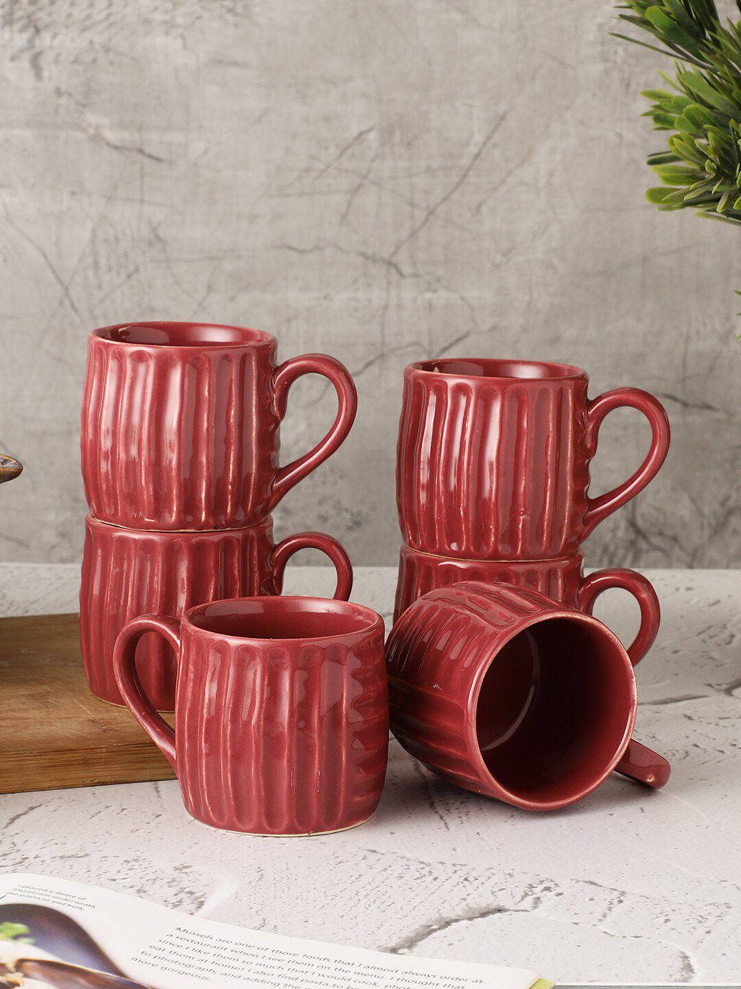 MIAH Decor Set of 6 Red Handcrafted and Hand Painted Textured Stoneware Glossy Cups Price in India