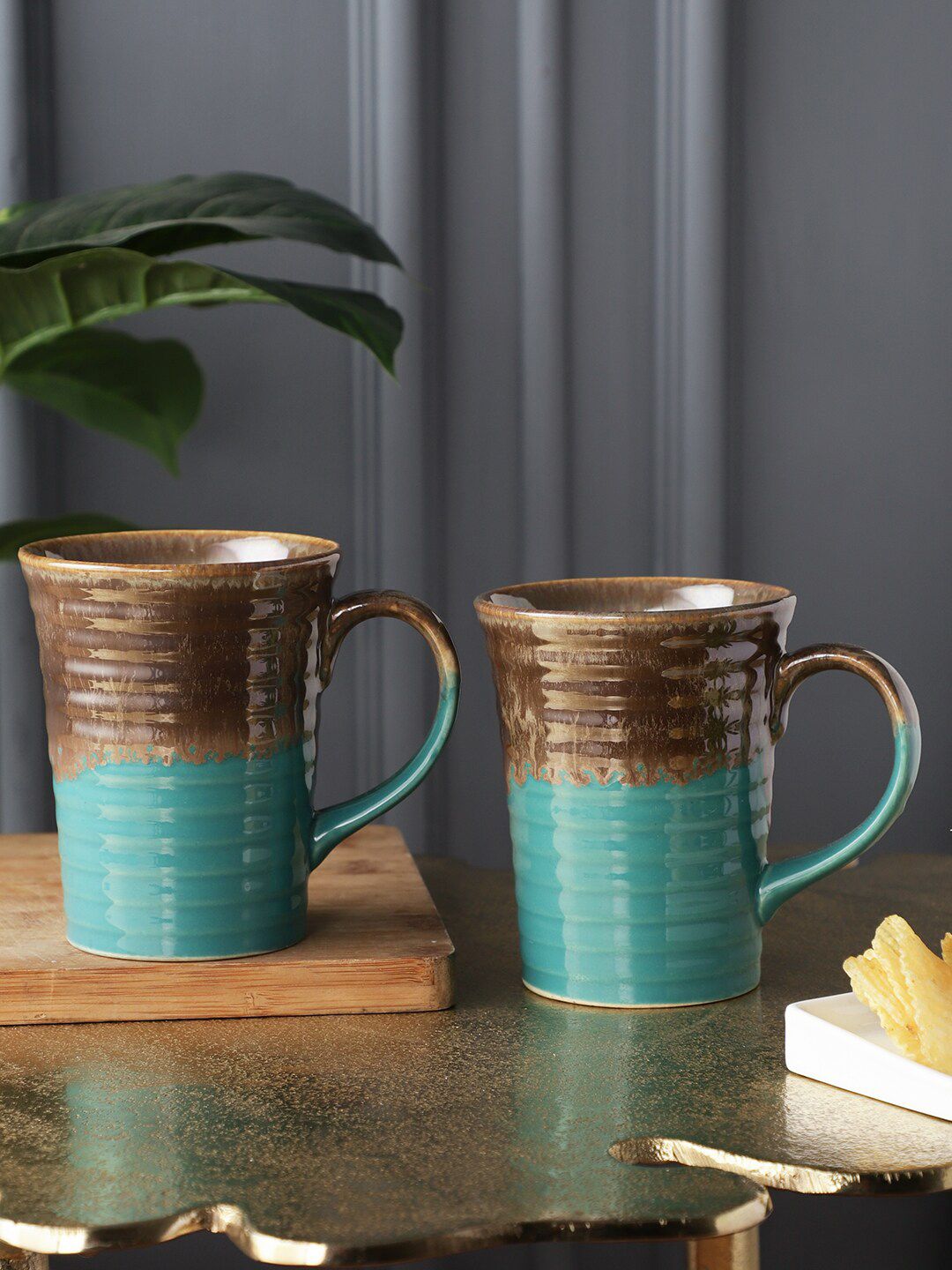 MIAH Decor Set Of 2 Blue & Brown Textured Dishwasher Safe Mugs Price in India