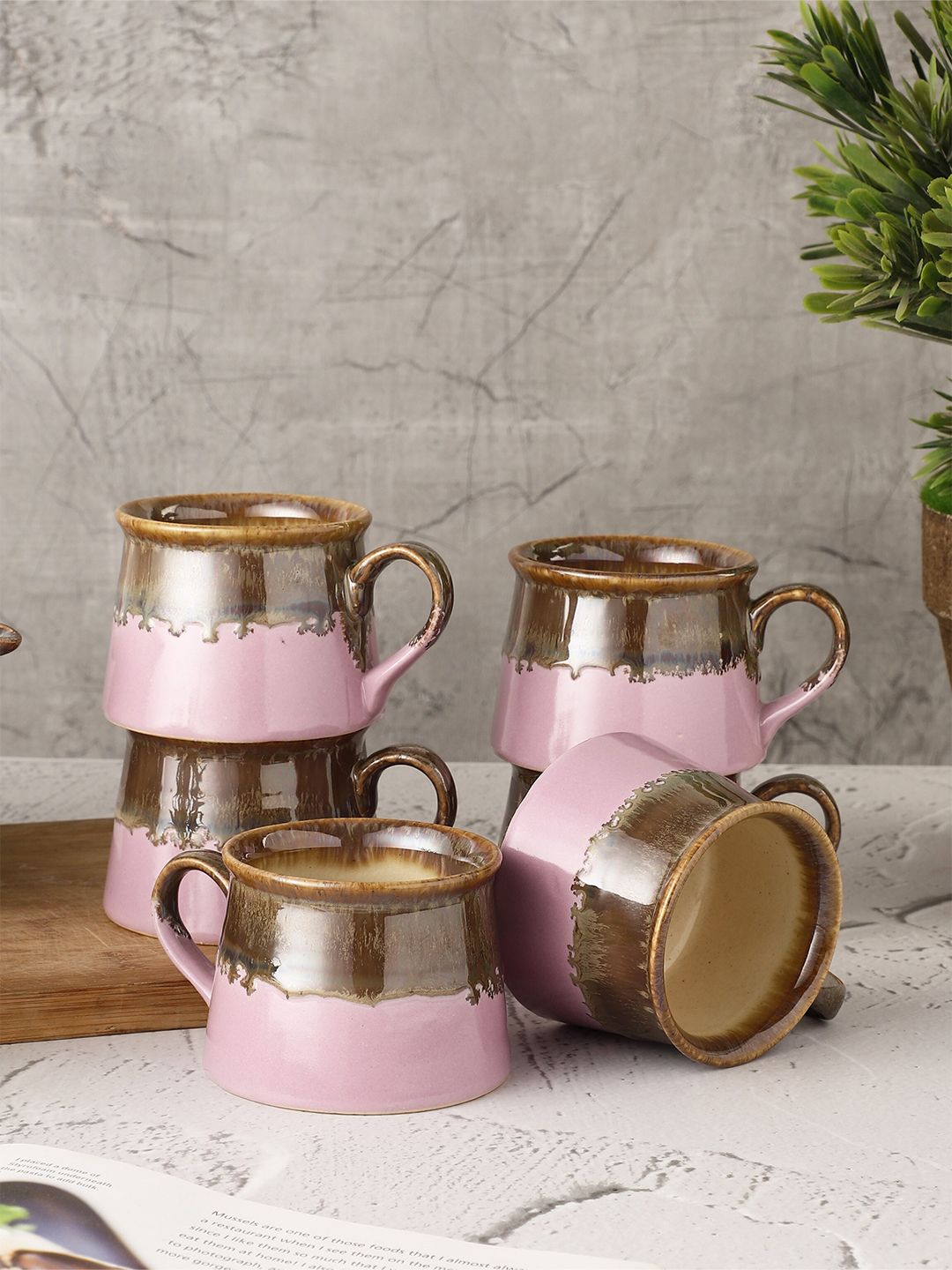 MIAH Decor Set of 6 Pink & Brown Handcrafted Textured Stoneware Glossy Cups Price in India