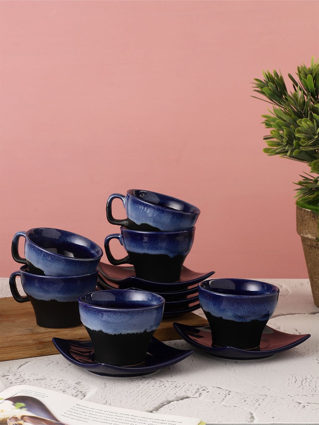 MIAH Decor 6 Pieces Blue & Black Hand Painted Stoneware Glossy Cups and Saucer Set Price in India