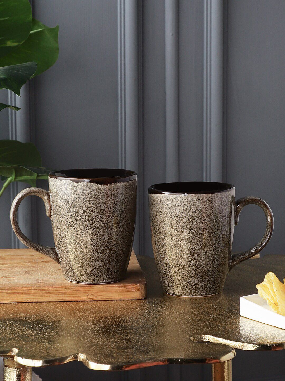 MIAH Decor Grey & Brown Set of 2 Handcrafted Textured Stoneware Glossy Mugs Price in India