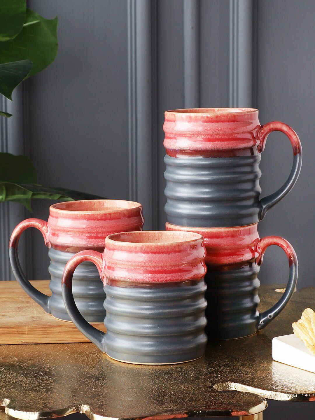 MIAH Decor Grey & Red Textured pack of 4 Stoneware Glossy Mugs Price in India