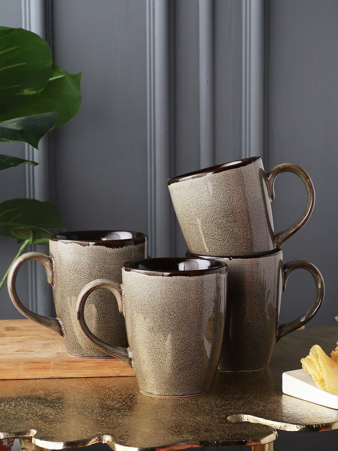 MIAH Decor Set of 4 Grey Handcrafted and Hand Painted Textured Stoneware Glossy Mugs Price in India