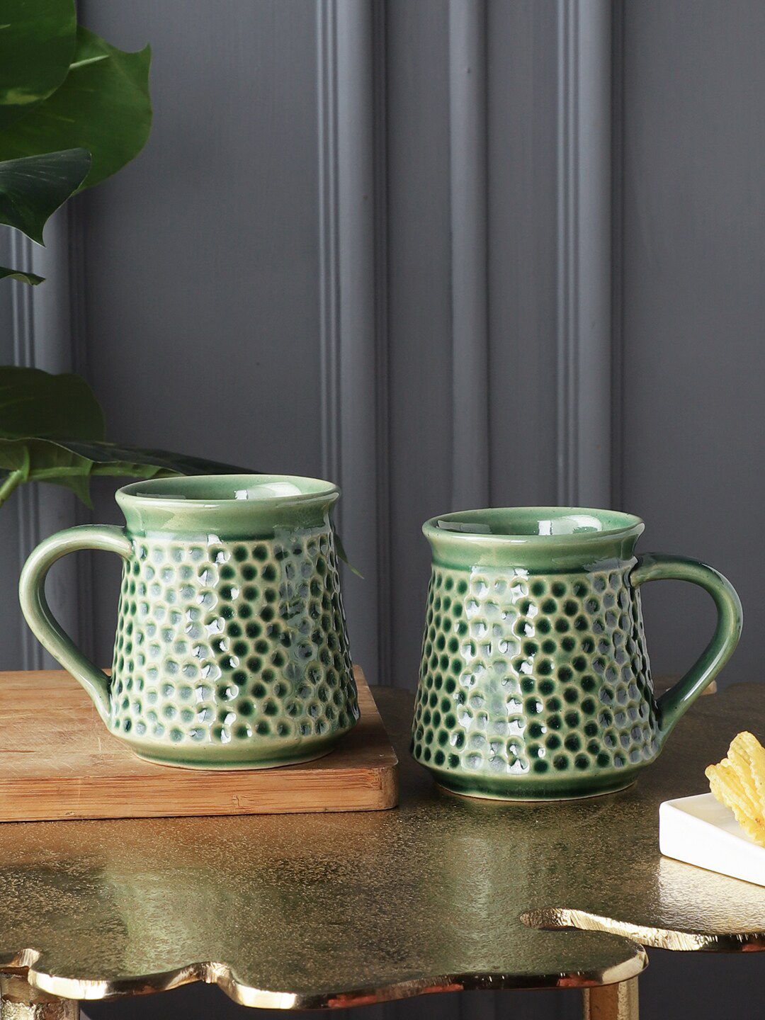 MIAH Decor Set of 2 Green Handcrafted and Hand Painted Textured Stoneware Glossy Mugs Price in India