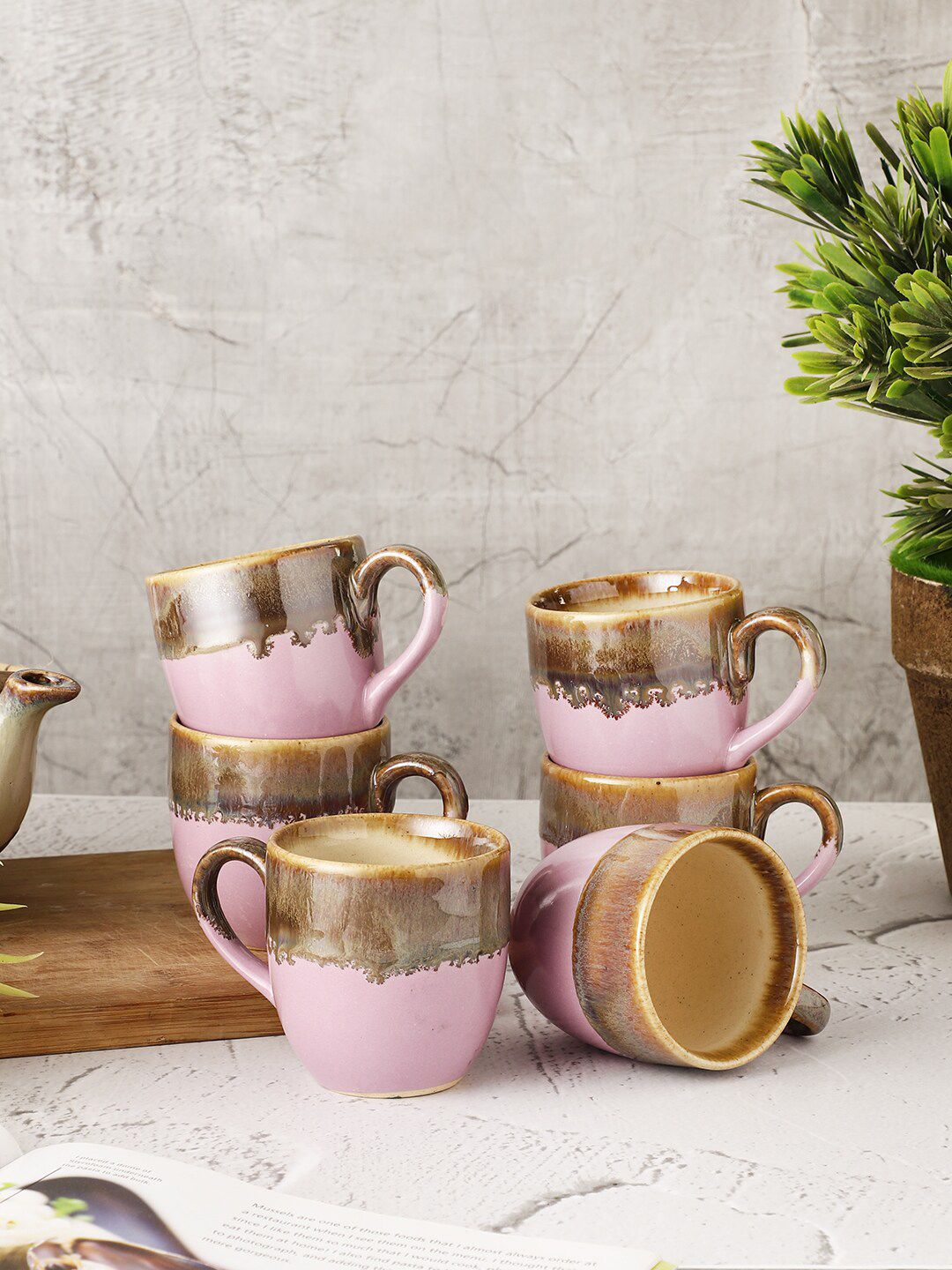 MIAH Decor Set Of 6 Lavender & Brown Textured Dishwasher Safe Mugs Price in India