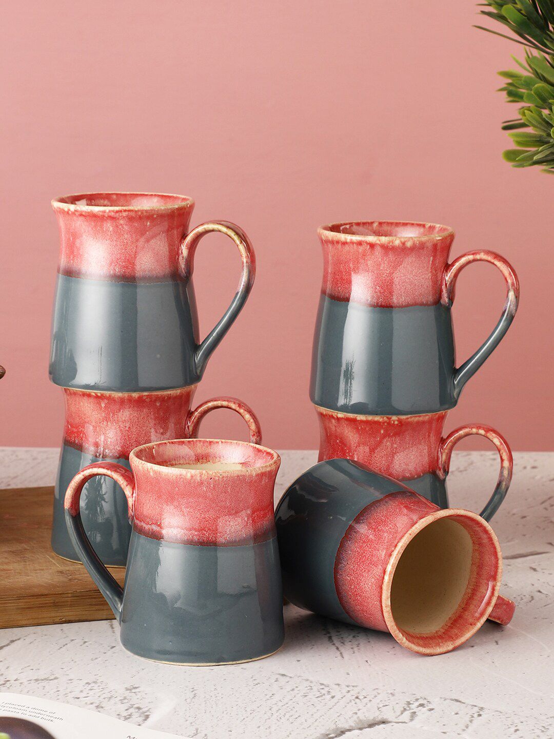 MIAH Decor Set of 6 Pink & Grey Handcrafted Textured Stoneware Glossy Mugs Price in India