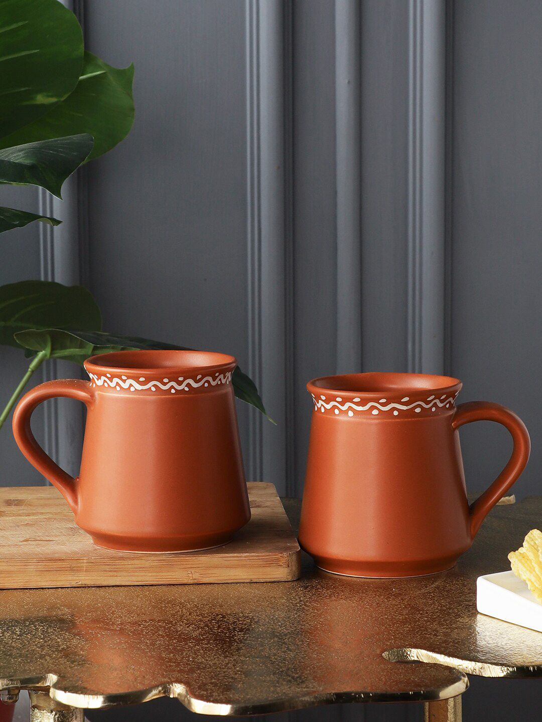 MIAH Decor 2 Pieces Brown & White Hand Painted Stoneware Glossy Mugs Price in India
