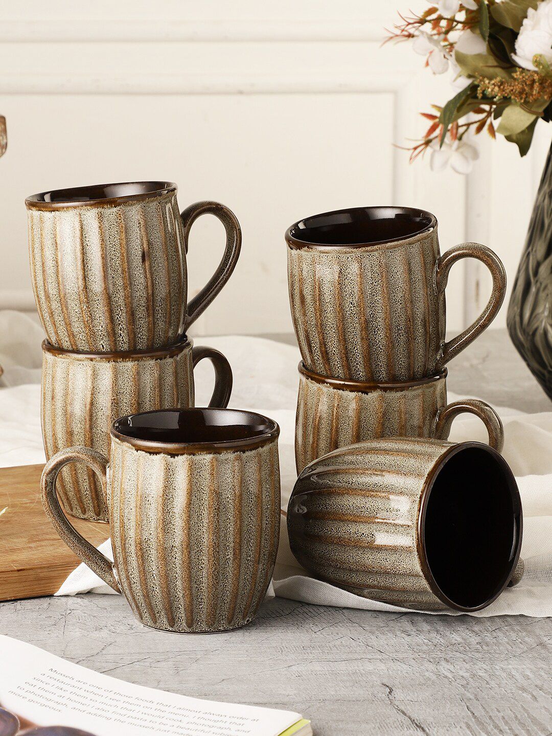 MIAH Decor Brown Set of 6 Handcrafted Textured Stoneware Glossy Mugs Price in India