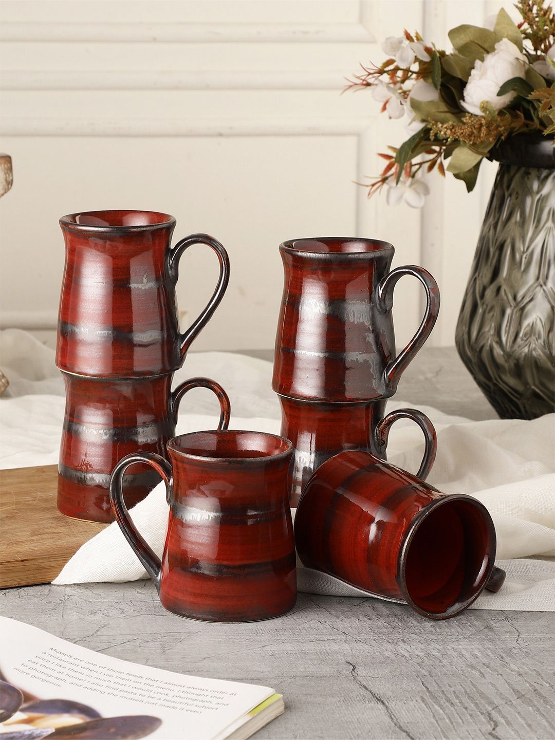 MIAH Decor Pack of 6 Red Textured Stoneware Glossy Cups Price in India