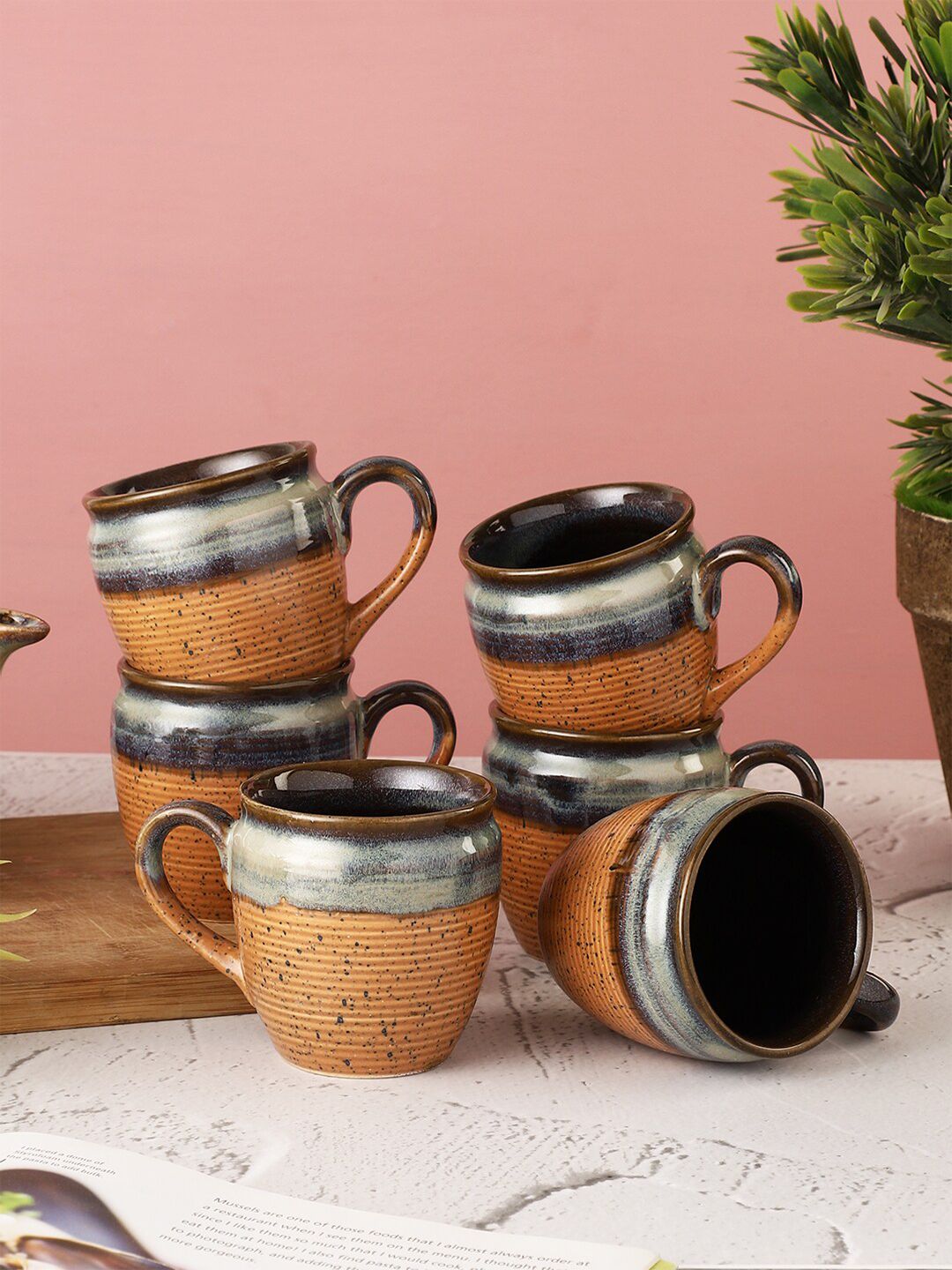 MIAH Decor Brown & Grey Pack of 6 Textured Stoneware Glossy Cups Price in India